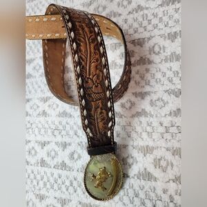 Vintage Tony Lama Toole and Floral Engraved Leather Belt with Gold Buckle Sz 30